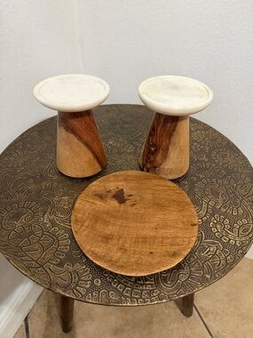 West Elm Pillar Candle Set Wooden and Marble Holders